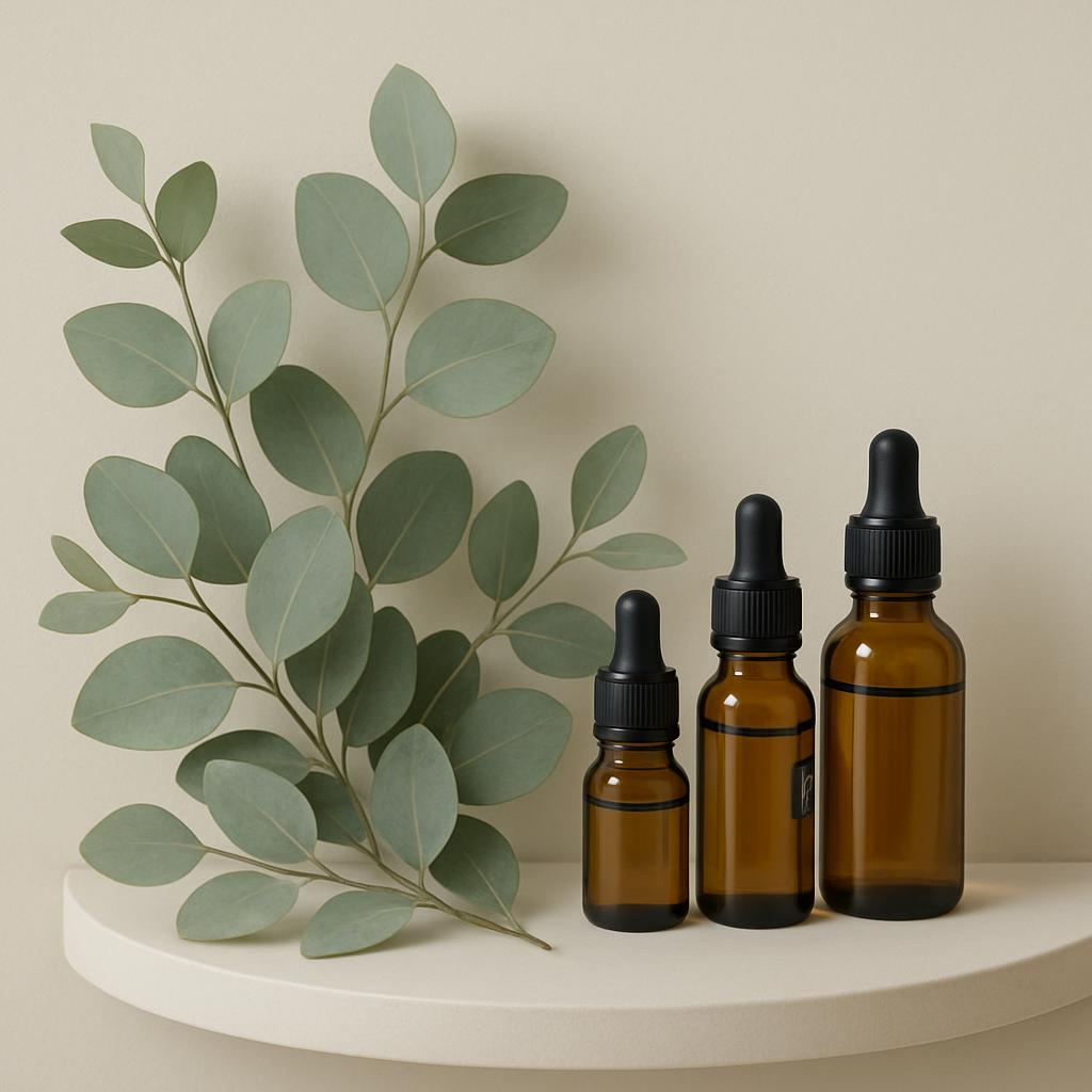 Three amber colored bottles with black droppers stands on a white shelf in front of a beige wall, next to green leaves.